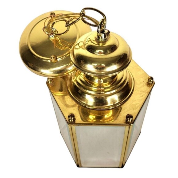 Vintage Brass & Glass Hexagon Regency Pendant Entryway Hanging Light Fixture - Picture 7 of 9